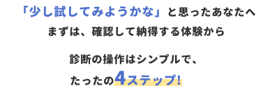 「少し試してみようかな」と思ったあなたへまずは、確認して納得する体験から診断の操作はシンプルで、たったの4ステップ!