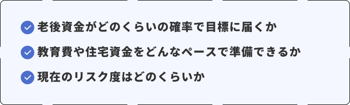 ・⽼後資⾦がどのくらいの確率で⽬標に届くか・教育費や住宅資⾦をどんなペースで準備できるか・現在のリスク度はどのくらいか