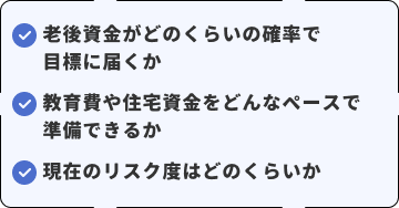 ・⽼後資⾦がどのくらいの確率で⽬標に届くか・教育費や住宅資⾦をどんなペースで準備できるか・現在のリスク度はどのくらいか