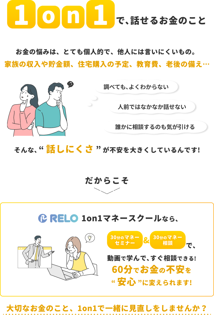 RELO 1on1マネースクールの紹介。家族の収入、貯金額、住宅購入、教育費、老後など、他人には相談しにくいお金の悩みを、30分のマネーセミナーと30分のマネー相談の合計60分で解決します。動画で学んですぐ相談でき、お金の不安を安心に変えられます。1on1でお金の見直しをしませんか？