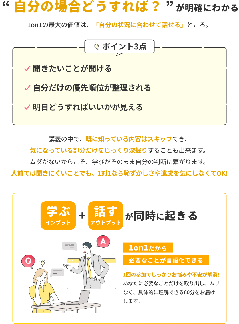 「自分の場合どうすれば？」が明確にわかる1on1の価値。ポイントは「聞きたいことが聞ける」「優先順位が整理される」「明日どうすればいいかが見える」の3点。学ぶと話すが同時に起きる1対1だからこそ、自分に必要なことが言語化できます。