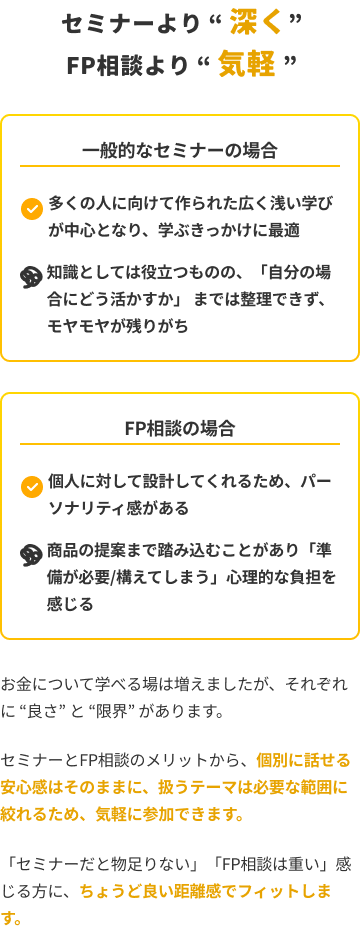 セミナーより“深く” FP相談より“気軽”。一般的なセミナーの場合：多くの人に向けた広く浅い学び、知識としては役立つものの「自分の場合にどう活かすか」まで整理できずモヤモヤが残りがち。FP相談の場合：個人に対して設計してくれるパーソナリティ感がある一方、商品の提案まで踏み込むことがあり心理的な負担を感じる。当サービスは、個別に話せる安心感はそのままに、扱うテーマは必要な範囲に絞れるため気軽に参加できます。